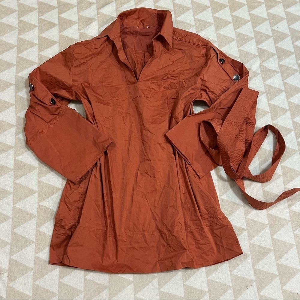 Tanya Taylor Rust Orange Crinkl Dress Belted Long Wide Sleeves Button Detail